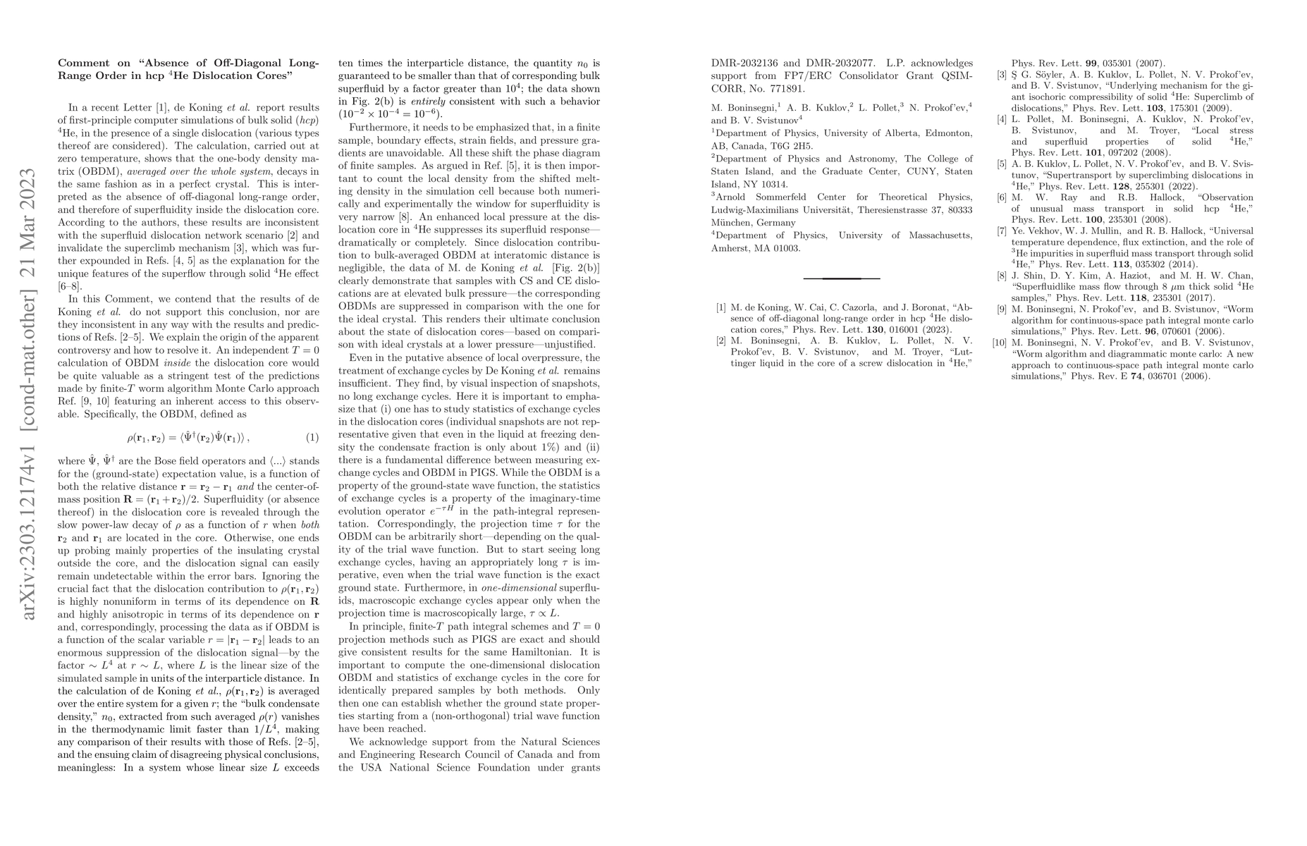 Thumbnail for Comment on "Absence of Off-Diagonal Long- Range Order in hcp $^4$He
  Dislocation Cores"