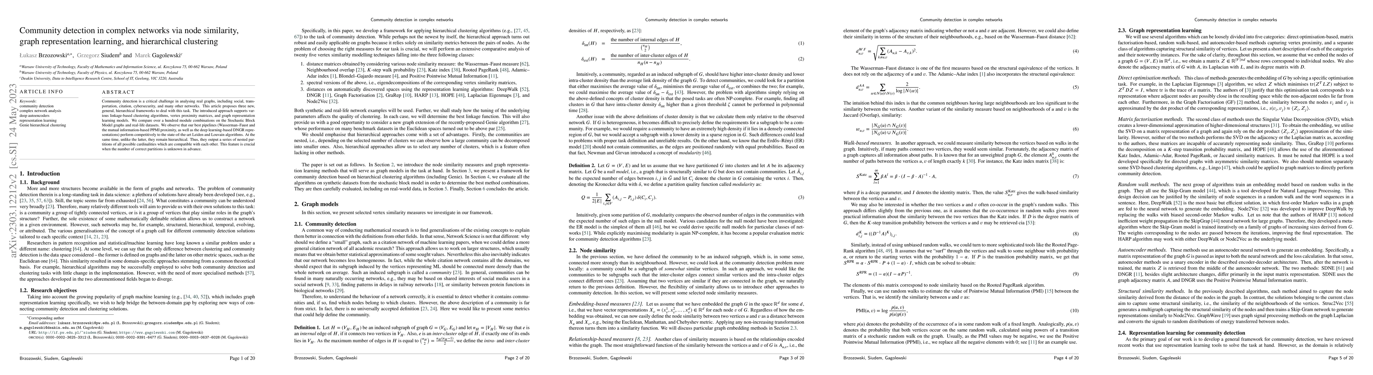 Thumbnail for Community detection in complex networks via node similarity, graph
  representation learning, and hierarchical clustering