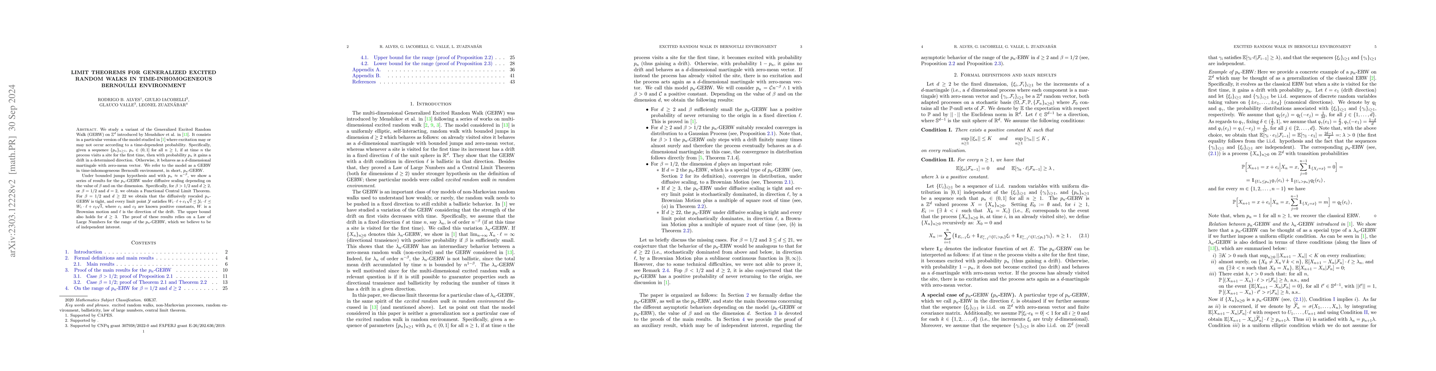 Thumbnail for Limit Theorems for Generalized Excited Random Walks in
  time-inhomogeneous Bernoulli environment