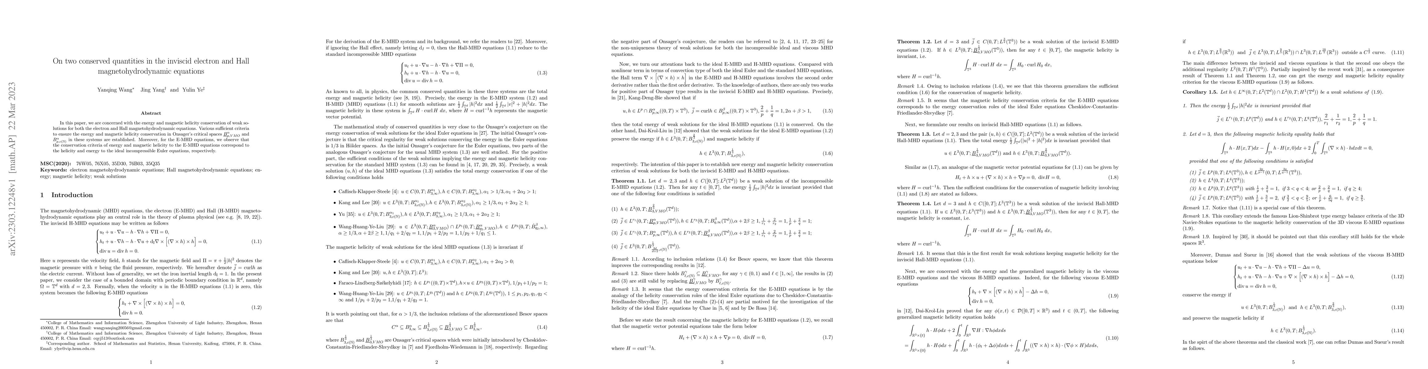 Thumbnail for On two conserved quantities in the inviscid electron and Hall
  magnetohydrodynamic equations