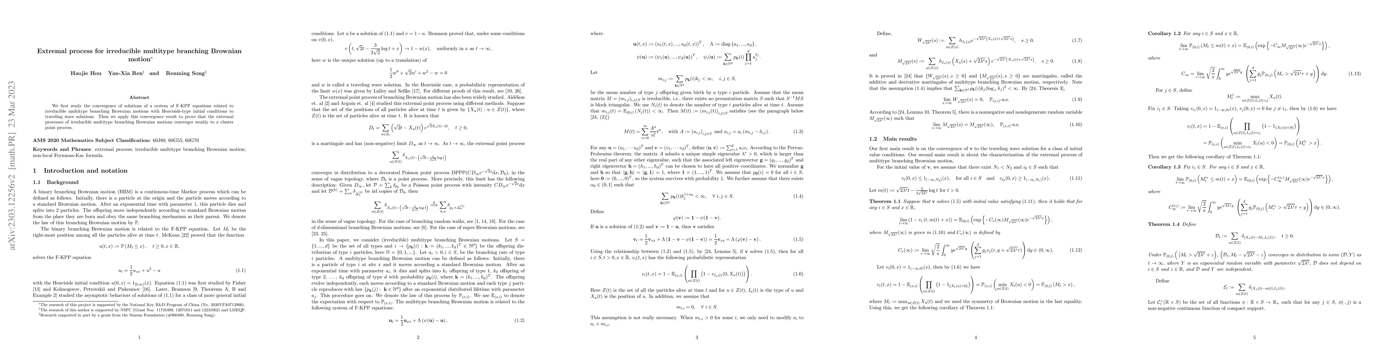 Thumbnail for Extremal process for irreducible multitype branching Brownian motion