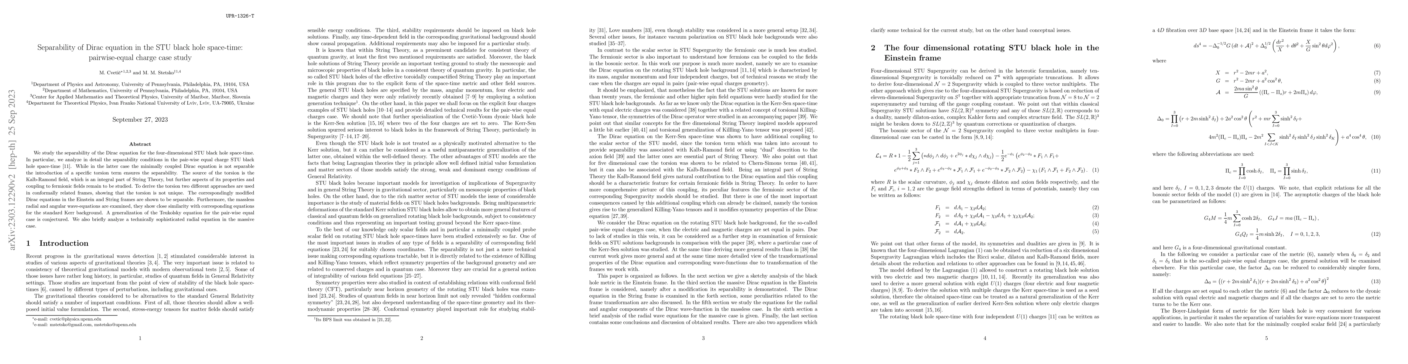 Thumbnail for Separability of Dirac equation in the STU black hole space-time:
  pairwise-equal charge case study