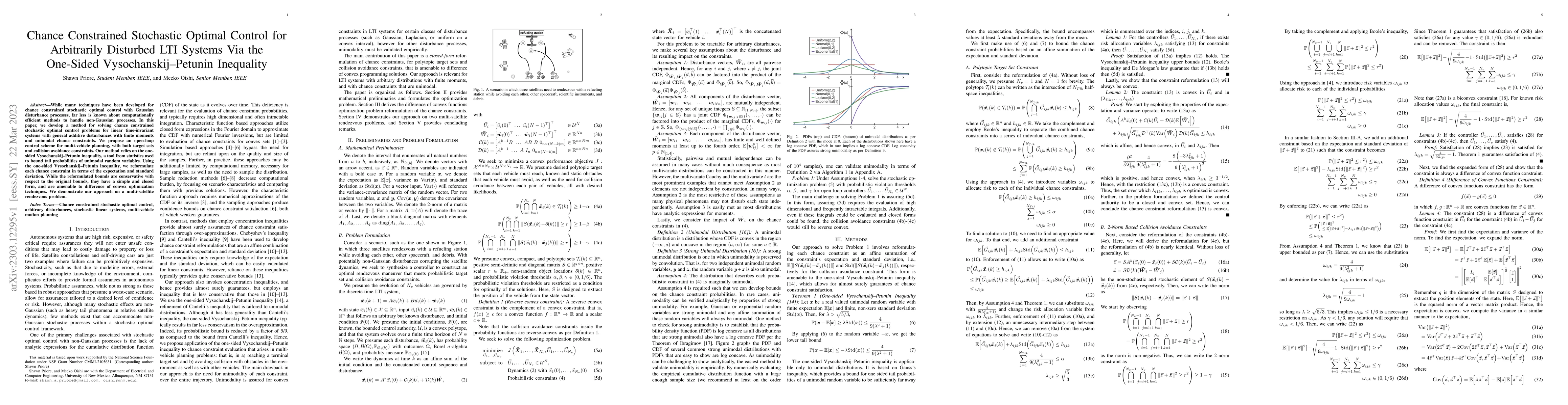 Thumbnail for Chance Constrained Stochastic Optimal Control for Arbitrarily Disturbed
  LTI Systems Via the One-Sided Vysochanskij-Petunin Inequality