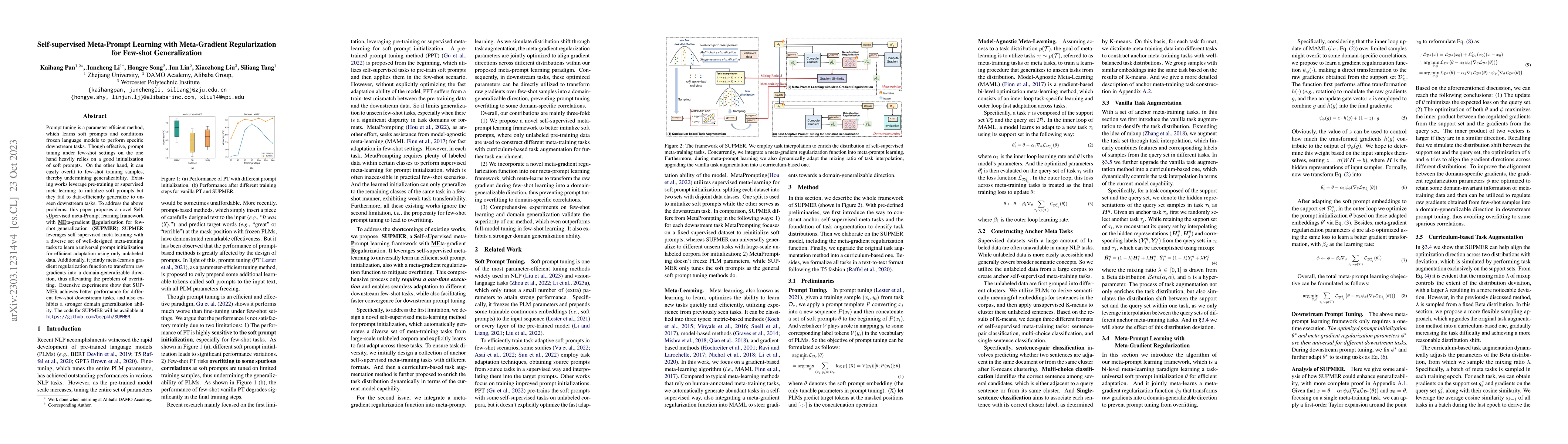 Thumbnail for Self-supervised Meta-Prompt Learning with Meta-Gradient Regularization
  for Few-shot Generalization