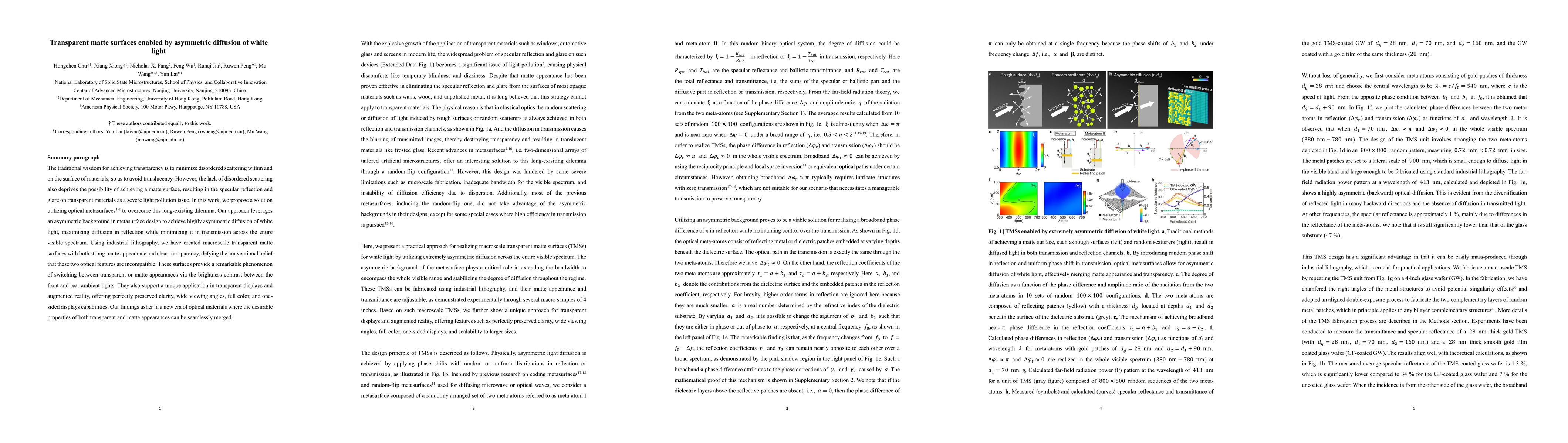 Thumbnail for Transparent matte surfaces enabled by asymmetric diffusion of white
  light
