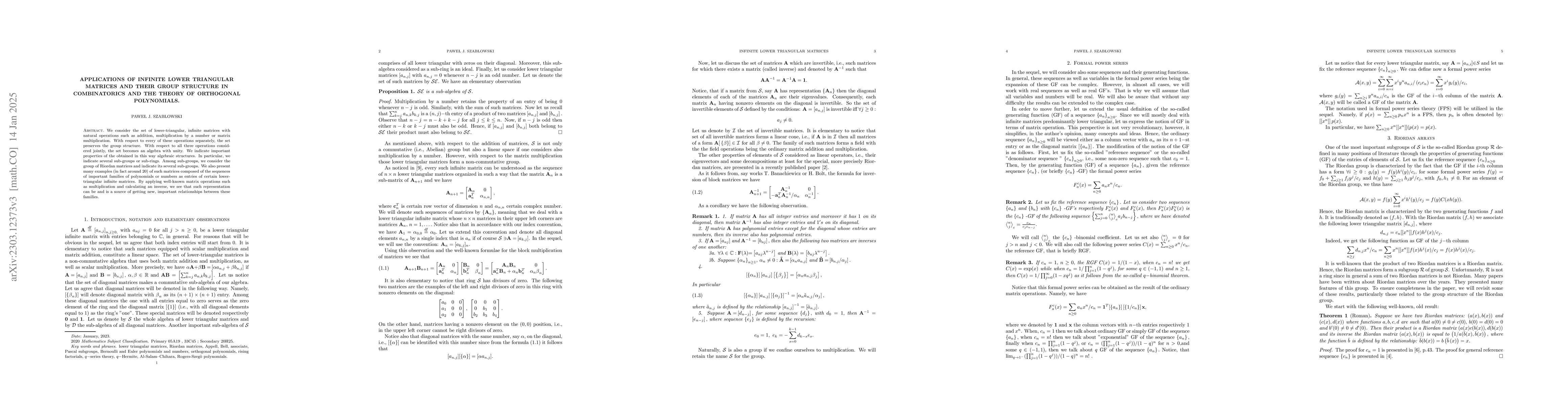Thumbnail for Applications of infinite lower triangular matrices and their group
  structure in combinatorics and the theory of orthogonal polynomials