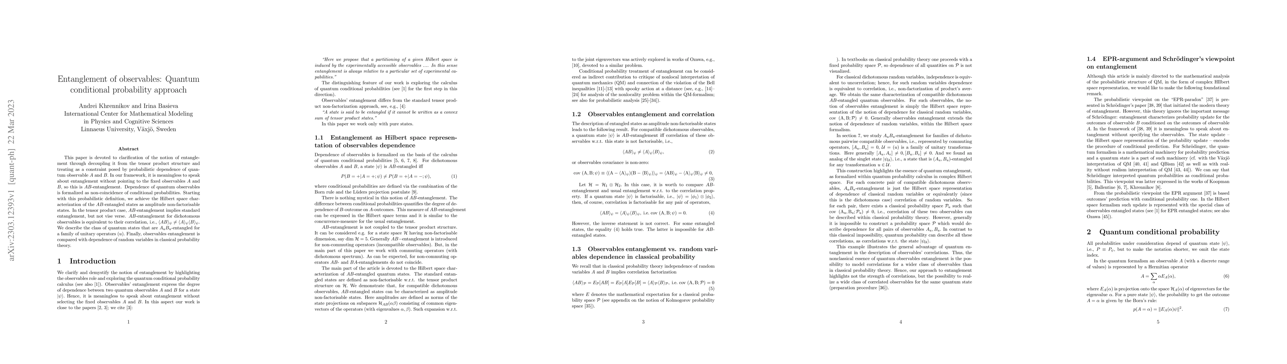 Thumbnail for Entanglement of observables: Quantum conditional probability approach