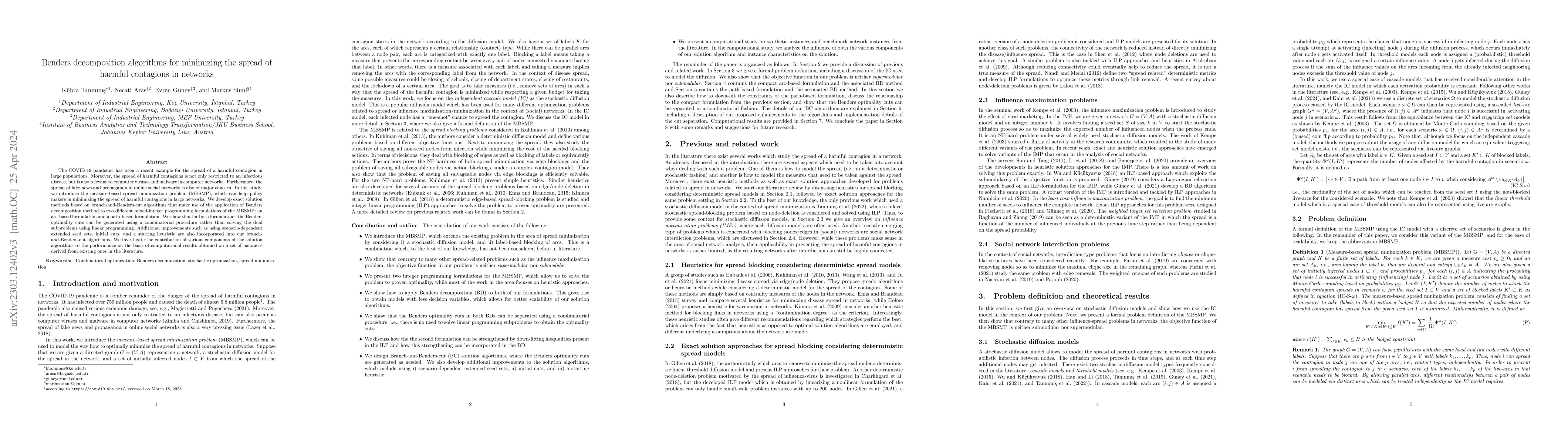 Thumbnail for Benders decomposition algorithms for minimizing the spread of harmful
  contagions in networks