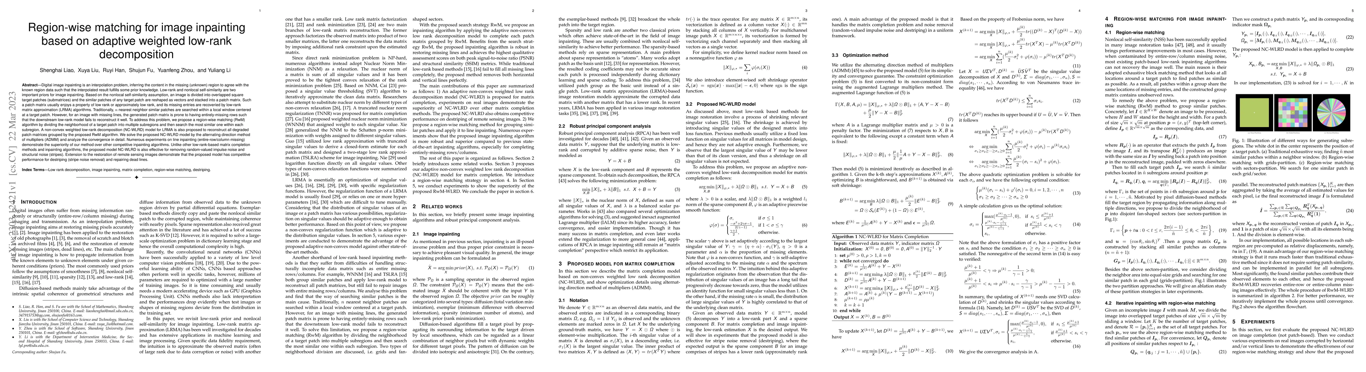 Thumbnail for Region-wise matching for image inpainting based on adaptive weighted
  low-rank decomposition