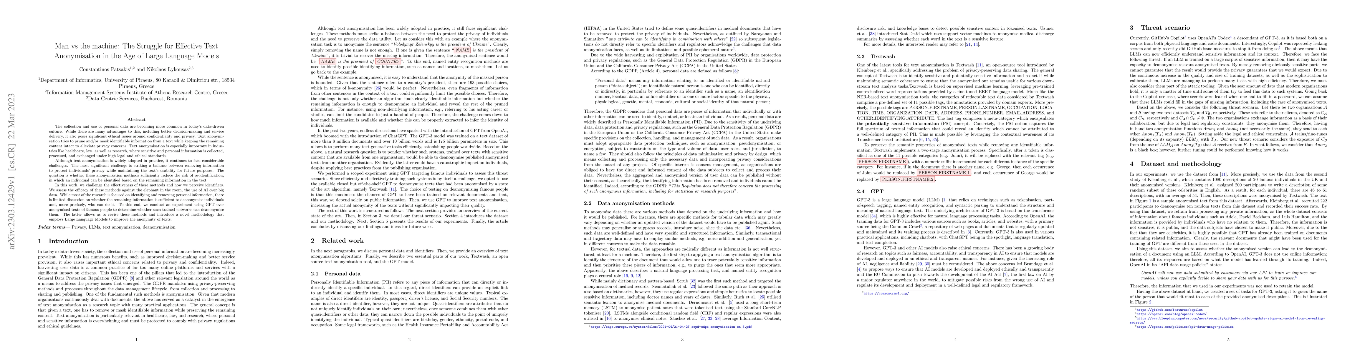 Thumbnail for Man vs the machine: The Struggle for Effective Text Anonymisation in the
  Age of Large Language Models