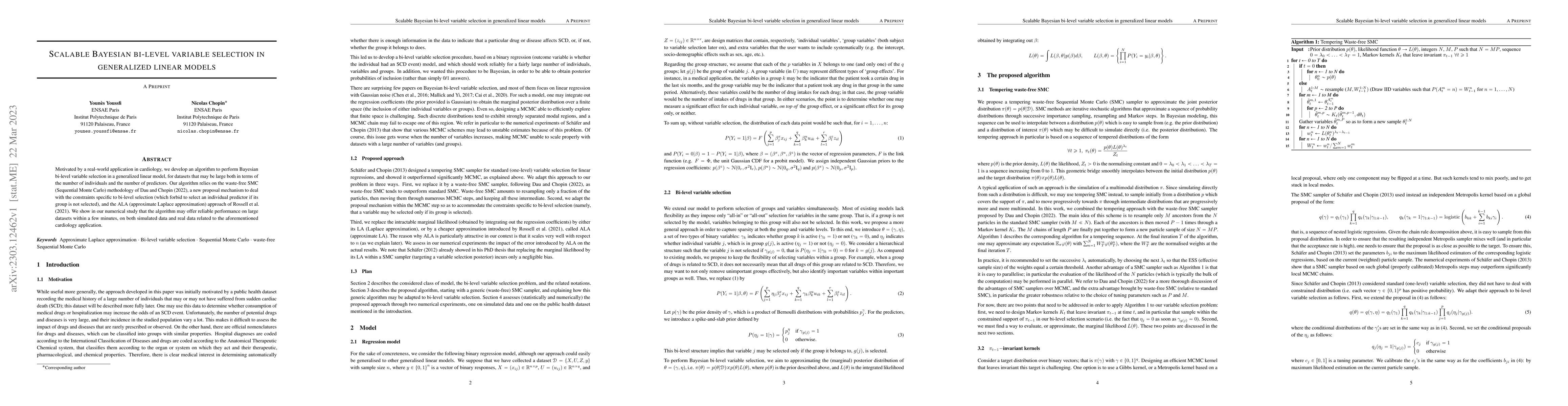 Thumbnail for Scalable Bayesian bi-level variable selection in generalized linear
  models