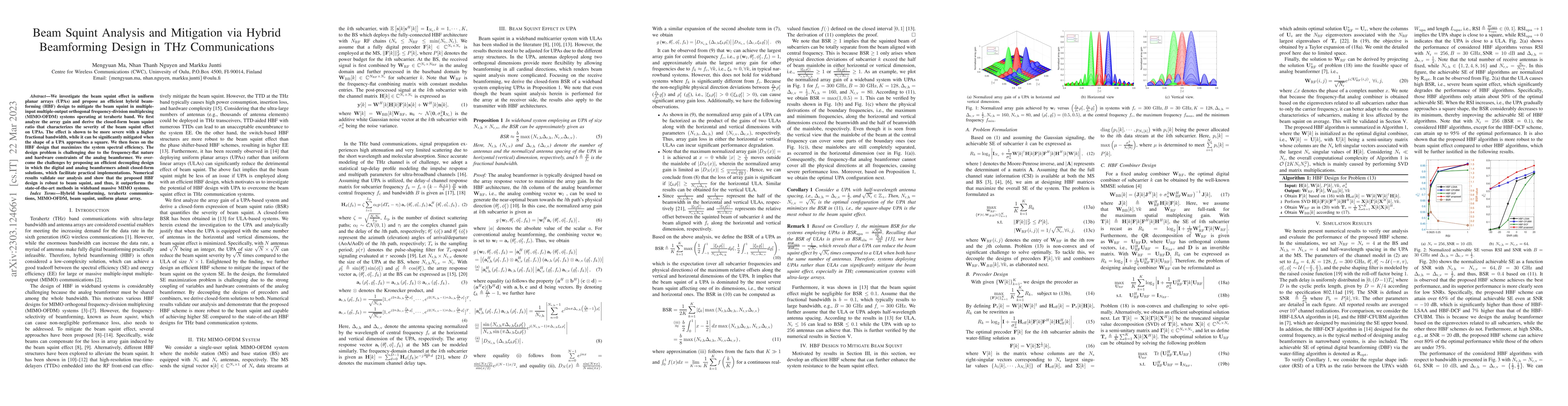 Thumbnail for Beam Squint Analysis and Mitigation via Hybrid Beamforming Design in THz
  Communications