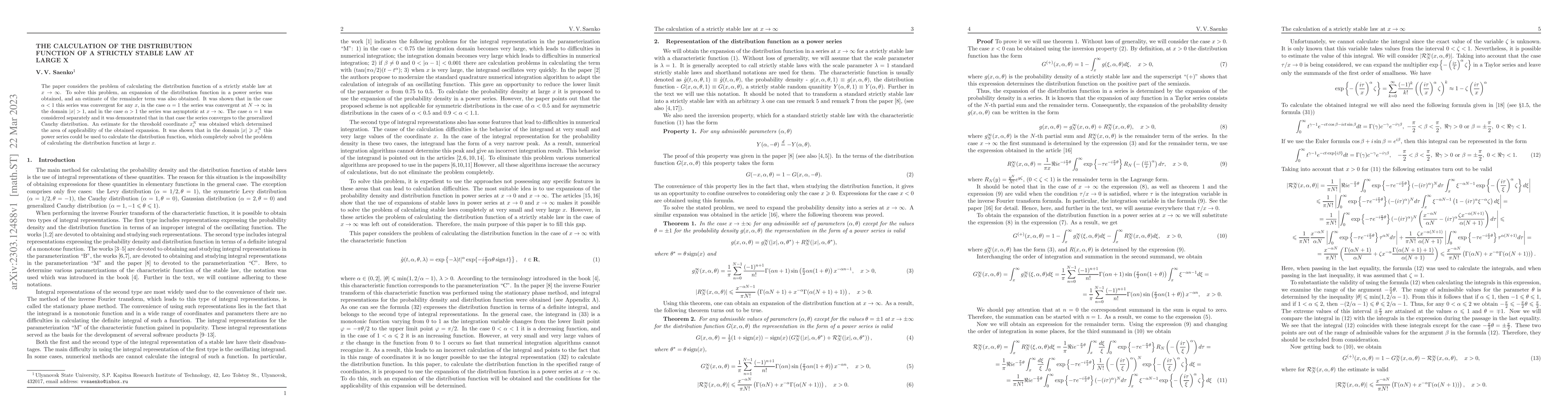 Thumbnail for The calculation of the distribution function of a strictly stable law at
  large X