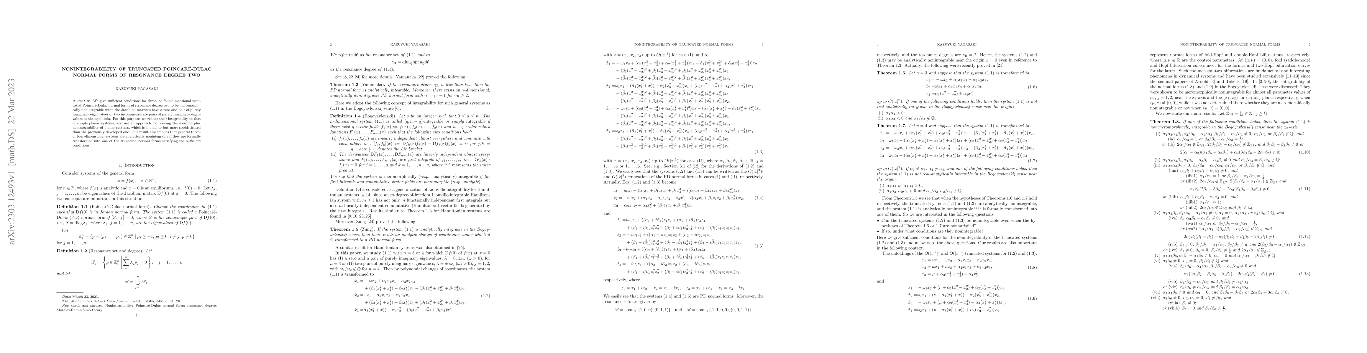 Thumbnail for Nonintegrability of truncated Poincare-Dulac normal forms of resonance
  degree two
