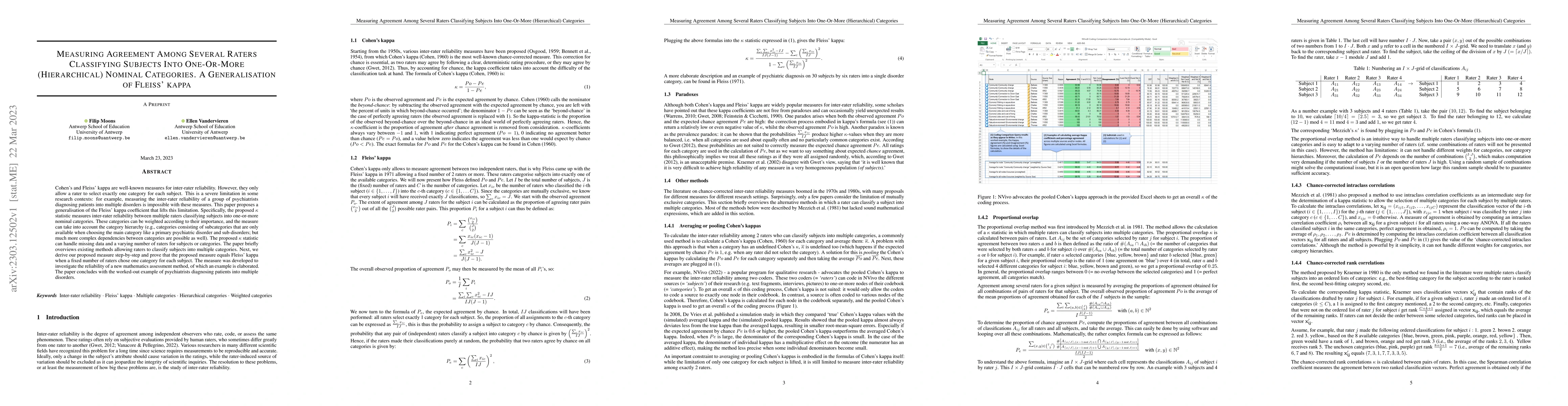 Thumbnail for Measuring agreement among several raters classifying subjects into
  one-or-more (hierarchical) nominal categories. A generalisation of Fleiss'
  kappa