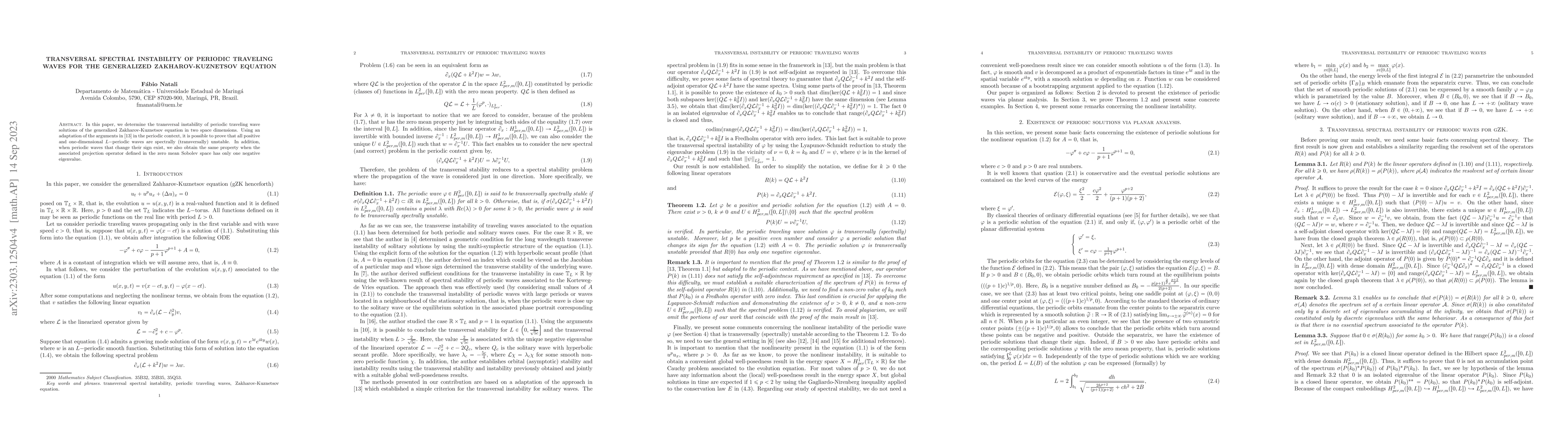 Thumbnail for Transversal spectral instability of periodic traveling waves for the
  generalized Zakharov-Kuznetsov equation