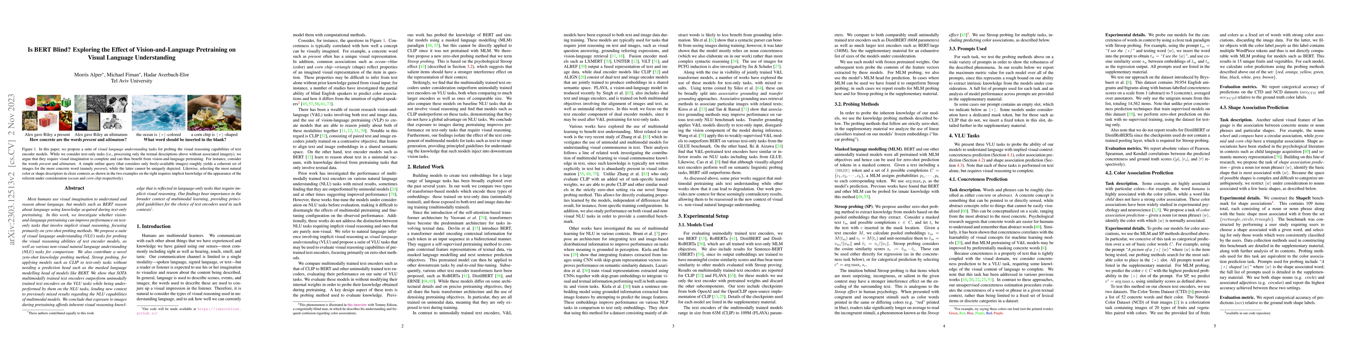 Thumbnail for Is BERT Blind? Exploring the Effect of Vision-and-Language Pretraining
  on Visual Language Understanding