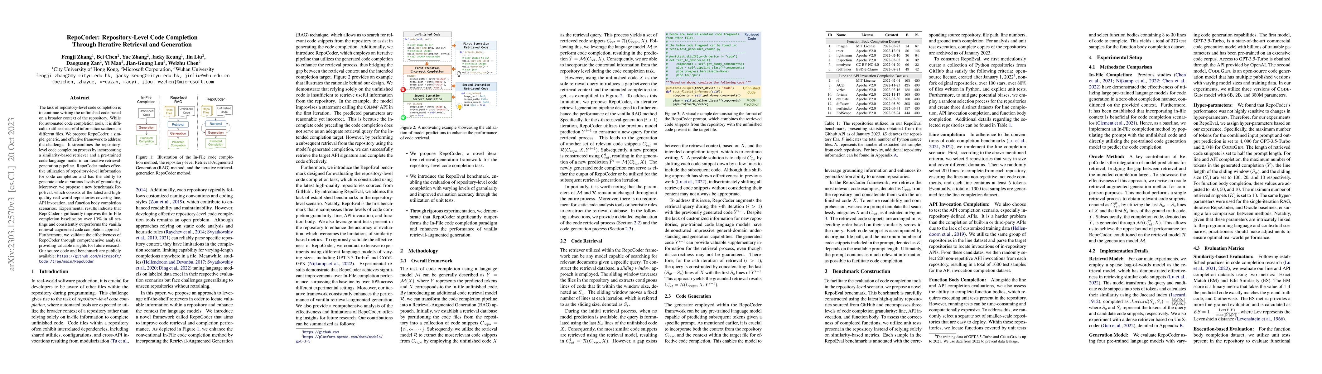 Thumbnail for RepoCoder: Repository-Level Code Completion Through Iterative Retrieval
  and Generation