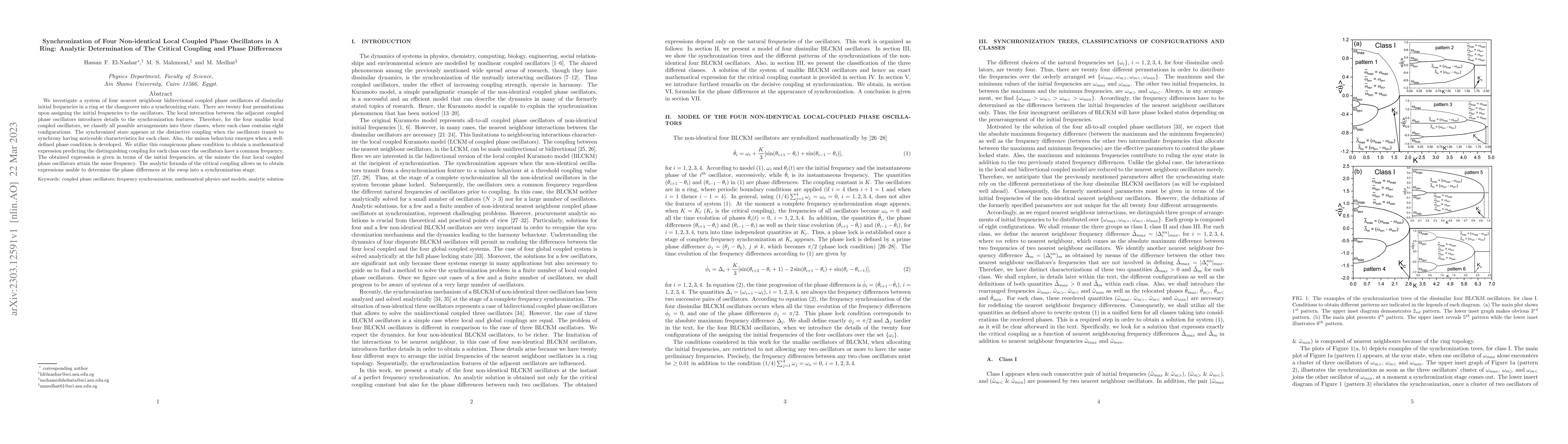 Thumbnail for Synchronization of Four Non-identical Local Coupled Phase Oscillators in
  A Ring: Analytic Determination of The Critical Coupling and Phase Differences