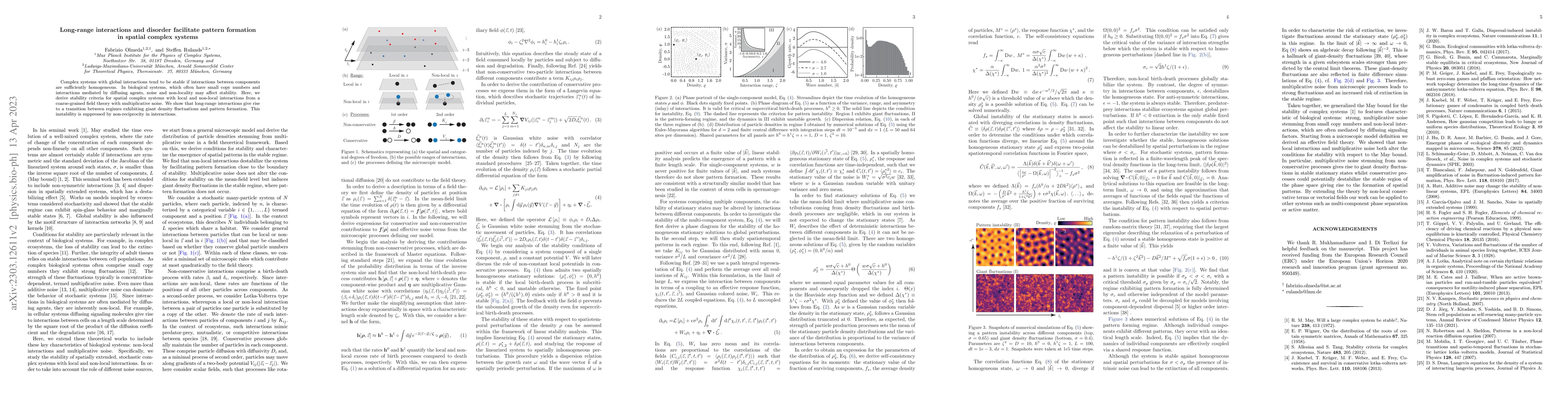 Thumbnail for Long-range interactions and disorder facilitate pattern formation in
  spatial complex systems