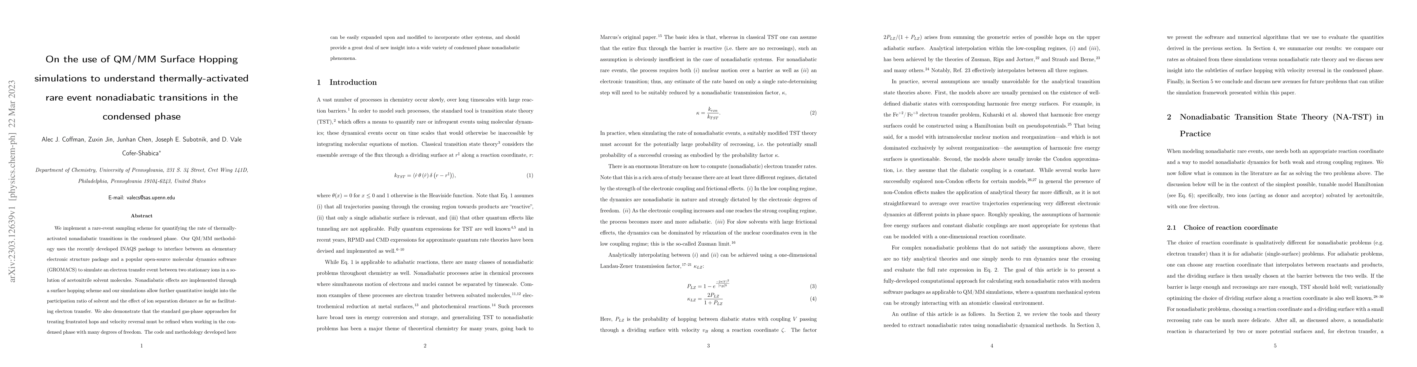 Thumbnail for On the use of QM/MM Surface Hopping simulations to understand
  thermally-activated rare event nonadiabatic transitions in the condensed
  phase