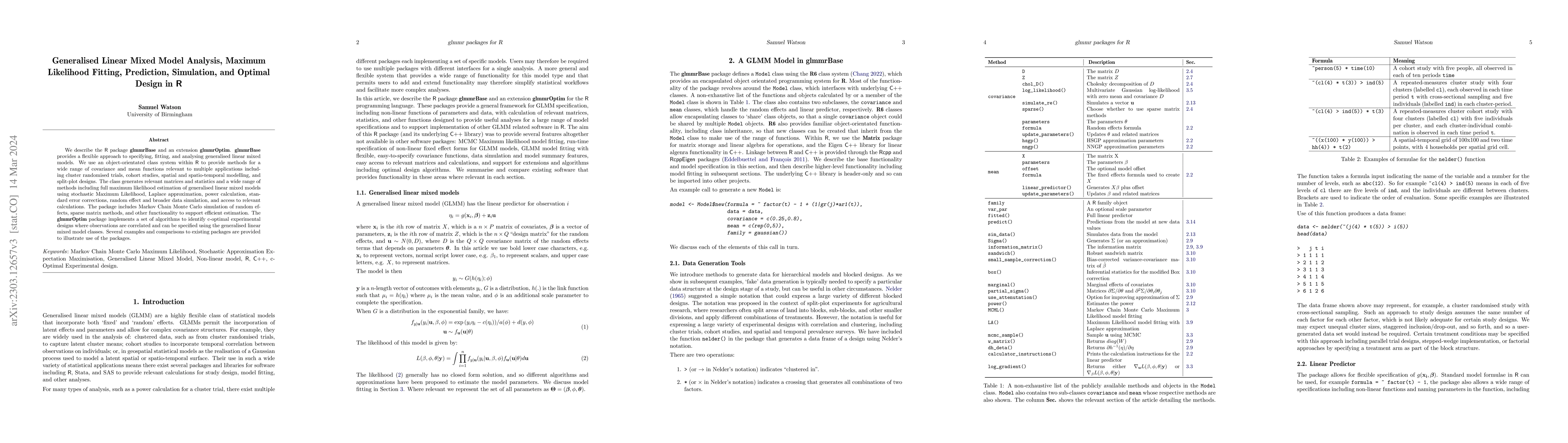 Thumbnail for Generalised Linear Mixed Model Specification, Analysis, Fitting, and
  Optimal Design in R with the glmmr Packages