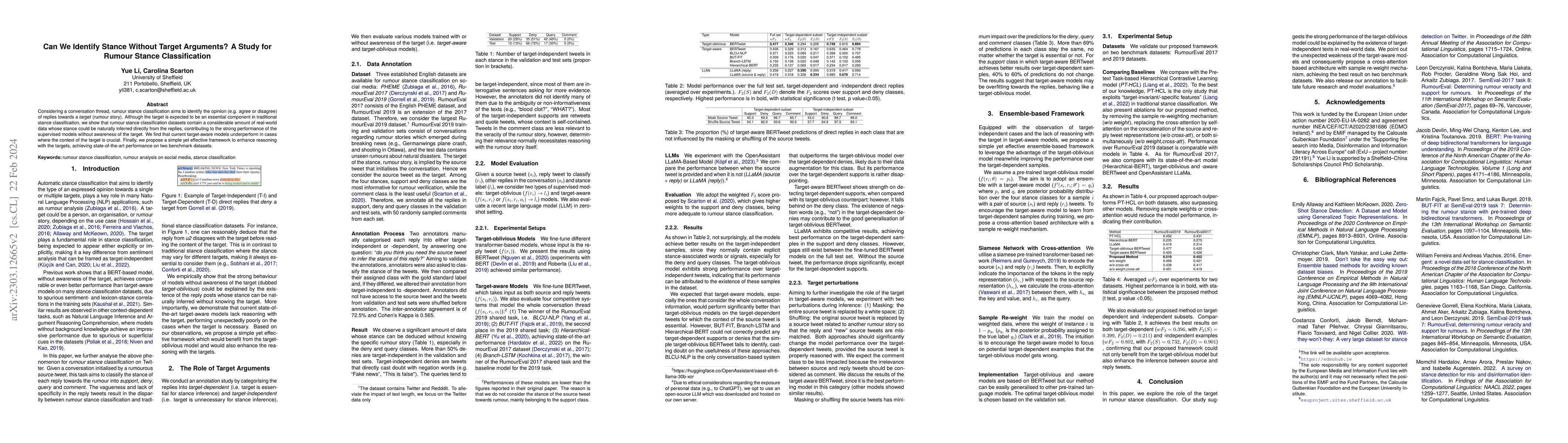 Thumbnail for Can We Identify Stance Without Target Arguments? A Study for Rumour
  Stance Classification