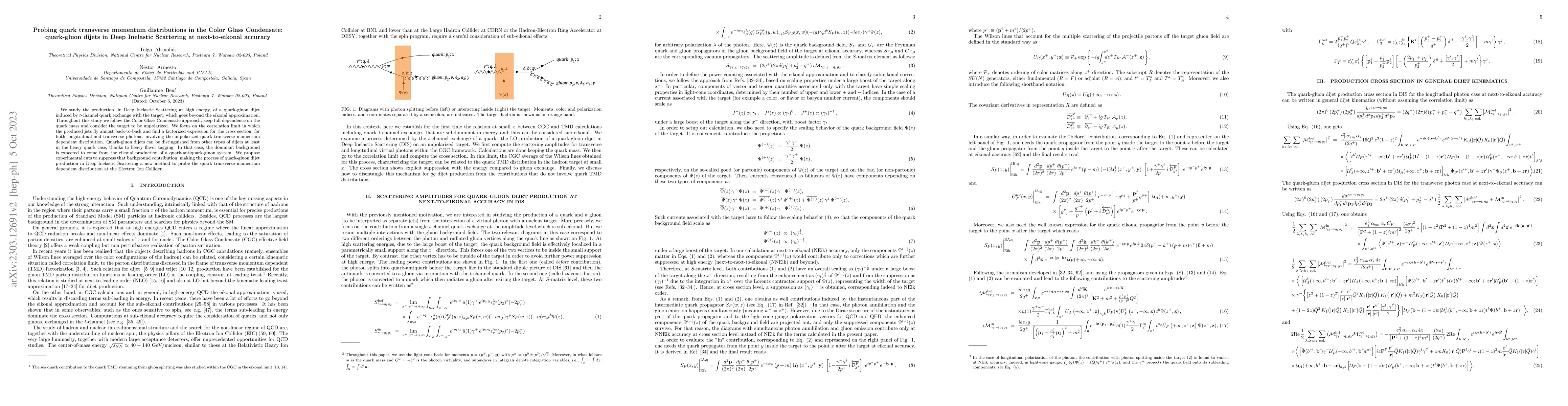 Thumbnail for Probing quark transverse momentum distributions in the Color Glass
  Condensate: quark-gluon dijets in Deep Inelastic Scattering at
  next-to-eikonal accuracy