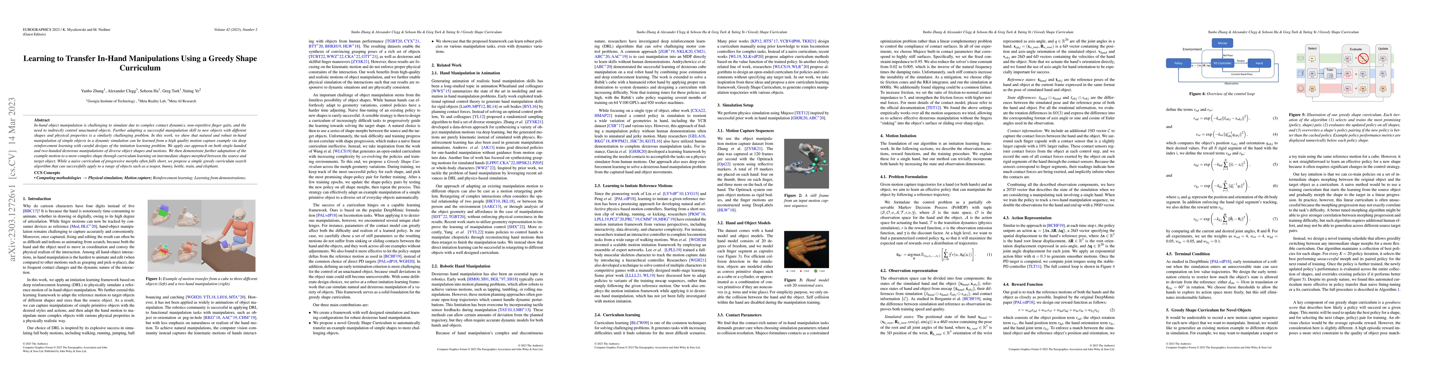Thumbnail for Learning to Transfer In-Hand Manipulations Using a Greedy Shape
  Curriculum