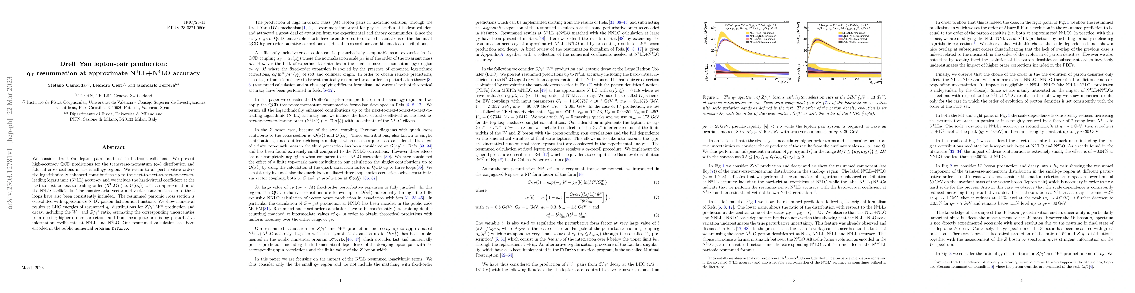 Thumbnail for Drell-Yan lepton-pair production: $q_T$ resummation at approximate
  N$^4$LL+N$^4$LO accuracy