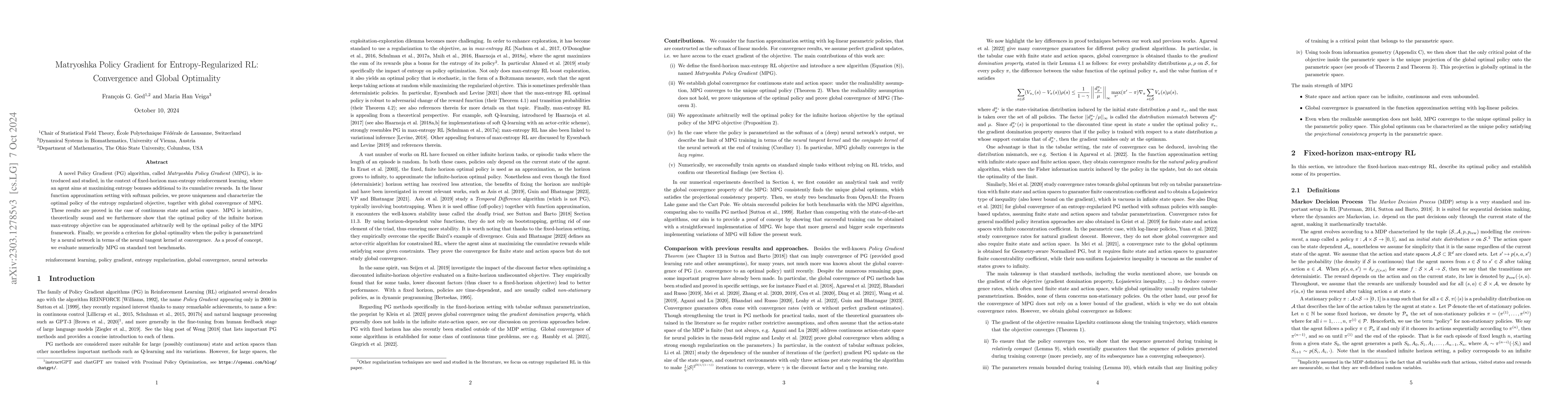 Thumbnail for Matryoshka Policy Gradient for Entropy-Regularized RL: Convergence and
  Global Optimality