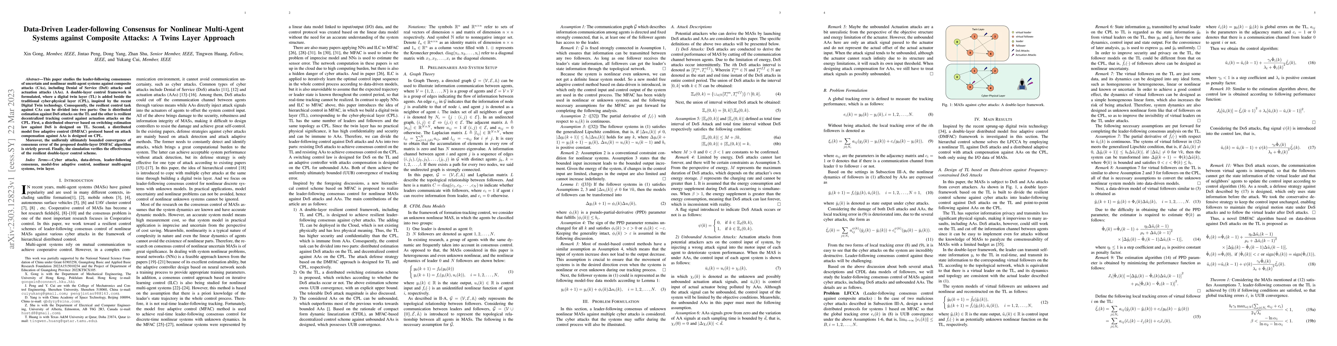 Thumbnail for Data-Driven Leader-following Consensus for Nonlinear Multi-Agent Systems
  against Composite Attacks: A Twins Layer Approach