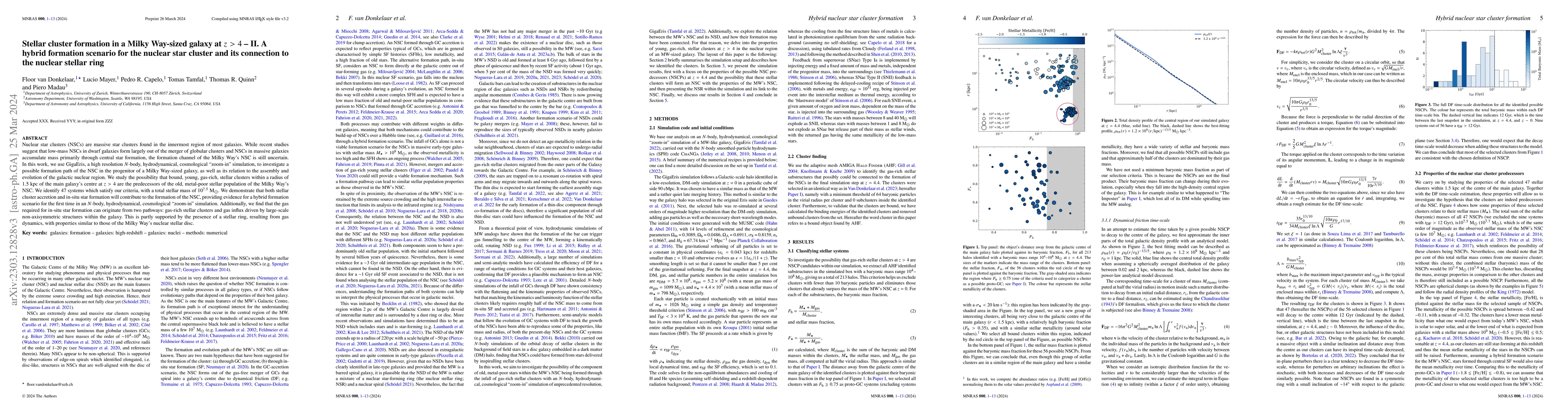 Thumbnail for Stellar cluster formation in a Milky Way-sized galaxy at z>4 -- II. A
  hybrid formation scenario for the nuclear star cluster and its connection to
  the nuclear stellar ring