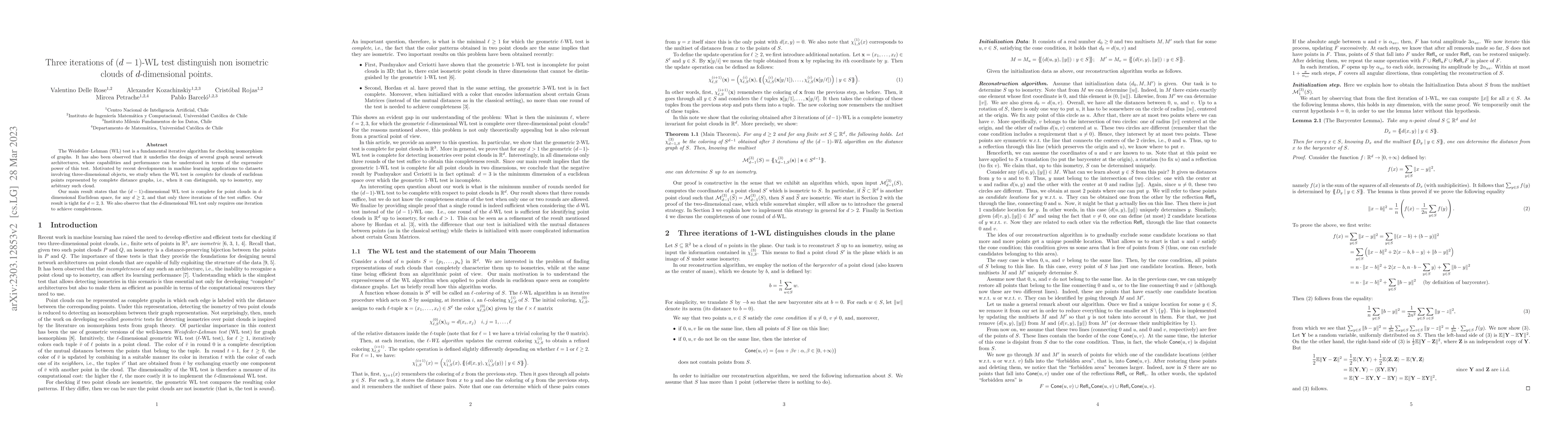 Thumbnail for Three iterations of $(d-1)$-WL test distinguish non isometric clouds of
  $d$-dimensional points