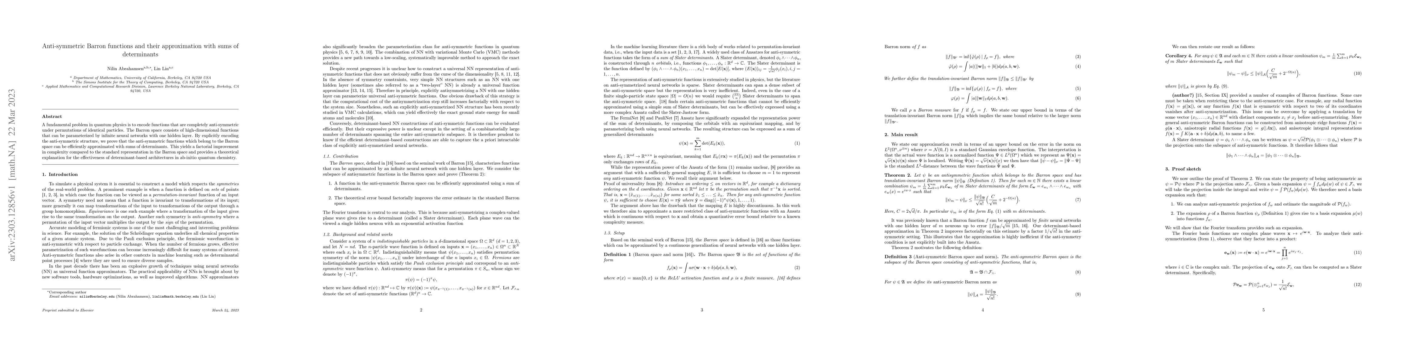 Thumbnail for Anti-symmetric Barron functions and their approximation with sums of
  determinants