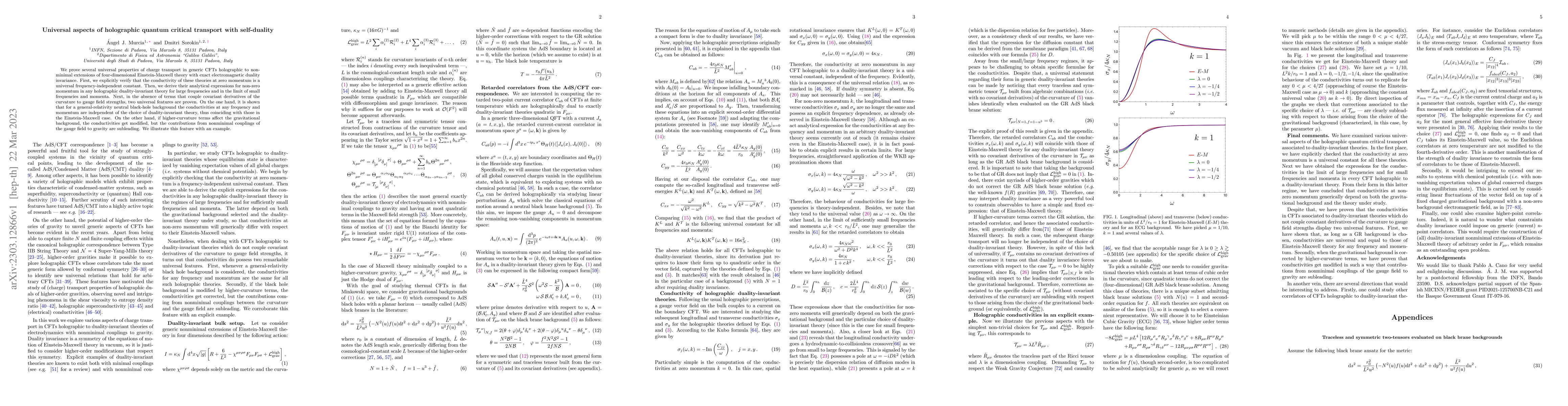 Thumbnail for Universal aspects of holographic quantum critical transport with
  self-duality