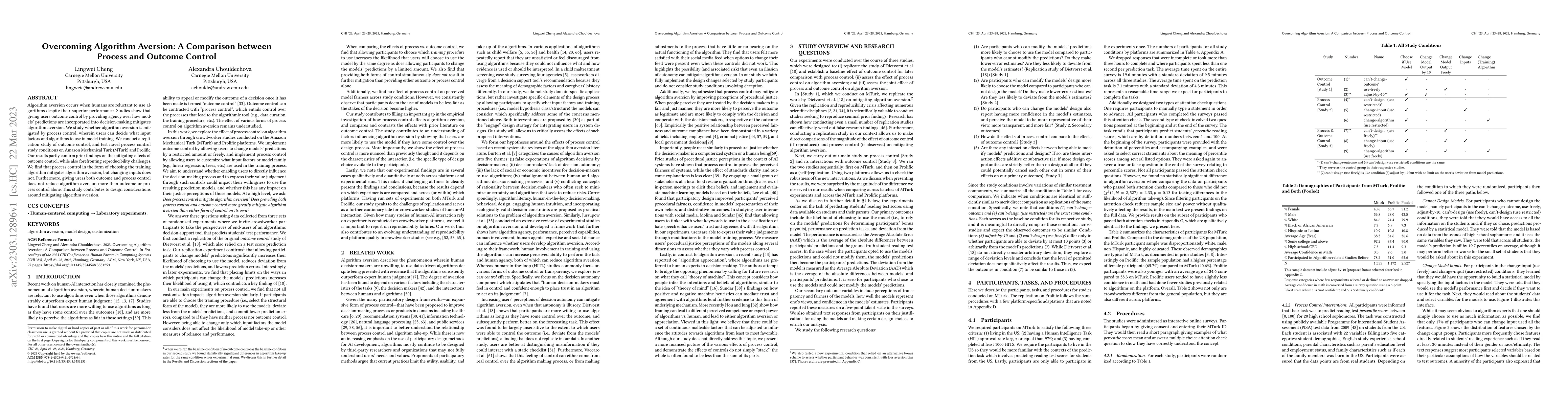 Thumbnail for Overcoming Algorithm Aversion: A Comparison between Process and Outcome
  Control