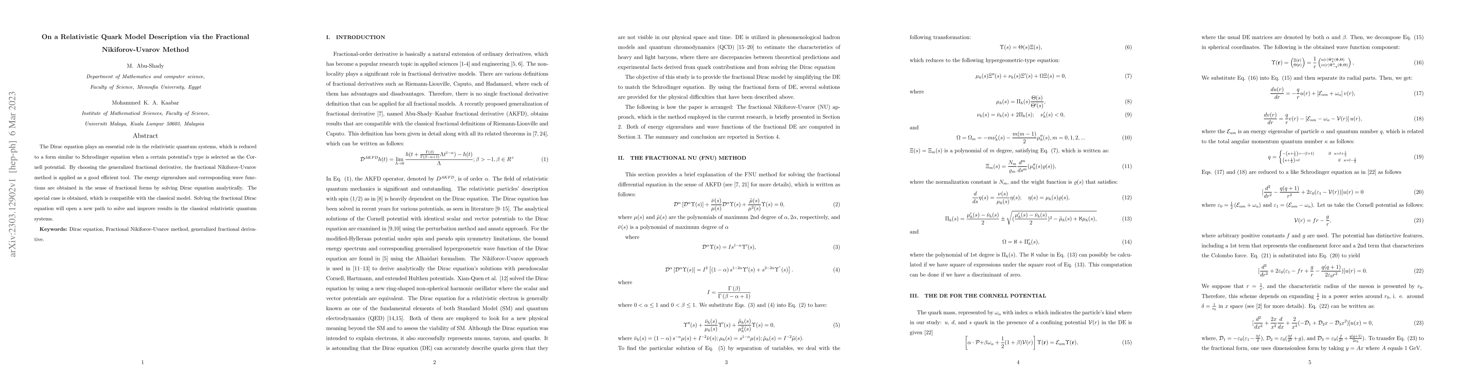 Thumbnail for On a Relativistic Quark Model Description via the Fractional
  Nikiforov-Uvarov Method
