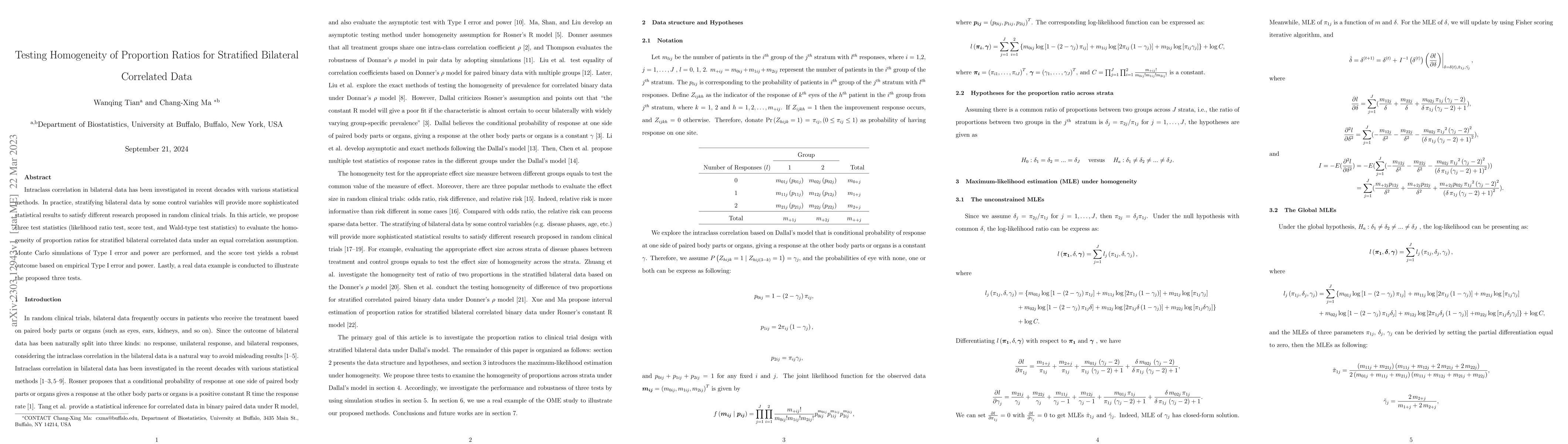 Thumbnail for Testing Homogeneity of Proportion Ratios for Stratified Bilateral
  Correlated Data