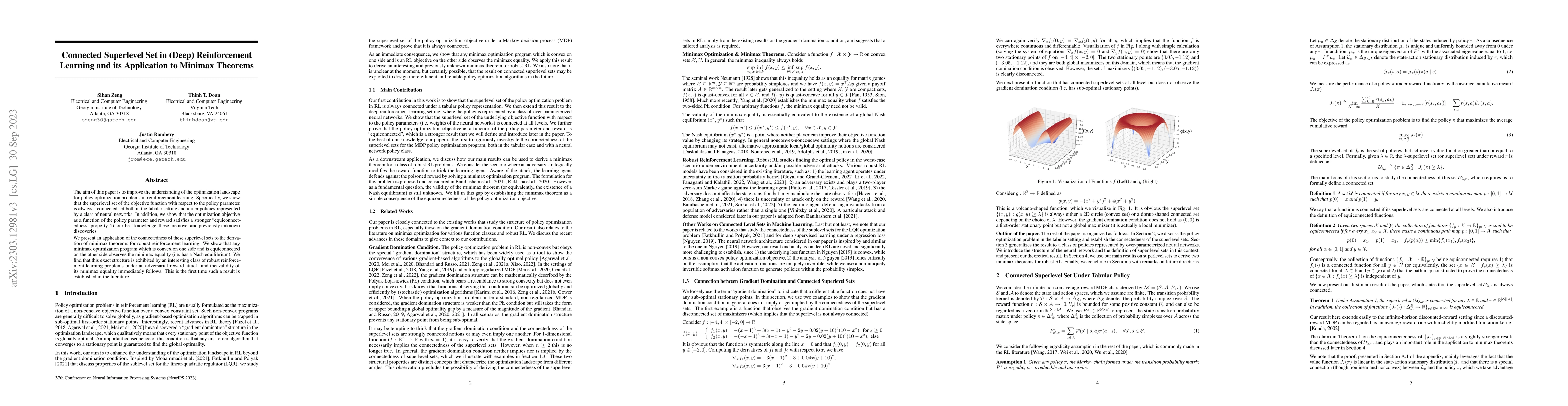 Thumbnail for Connected Superlevel Set in (Deep) Reinforcement Learning and its
  Application to Minimax Theorems