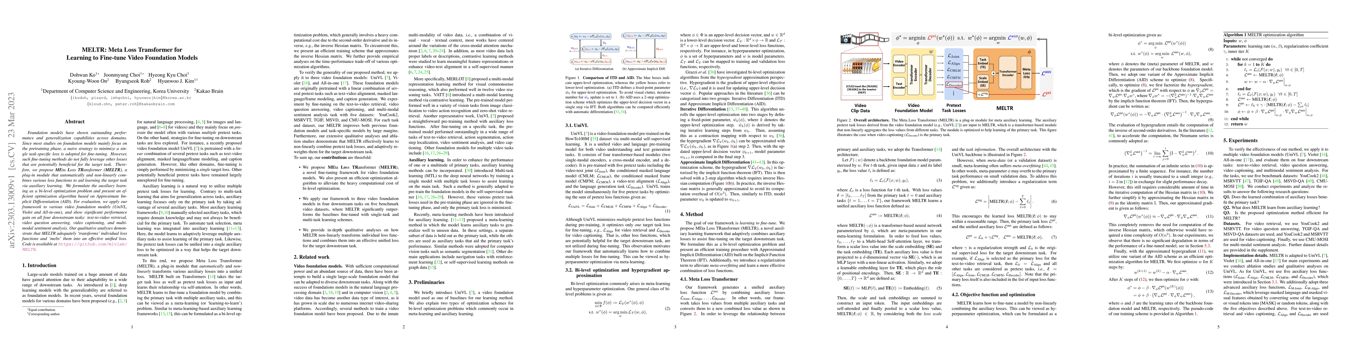 Thumbnail for MELTR: Meta Loss Transformer for Learning to Fine-tune Video Foundation
  Models
