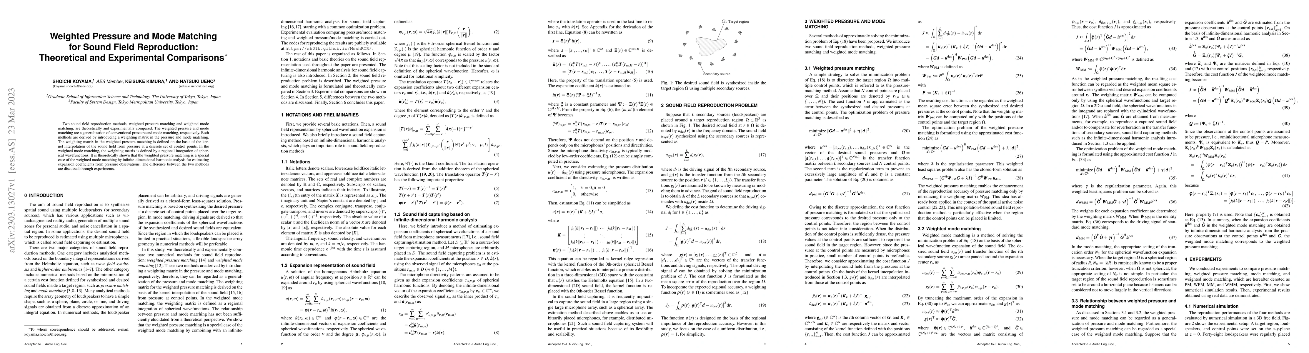 Thumbnail for Weighted Pressure and Mode Matching for Sound Field Reproduction:
  Theoretical and Experimental Comparisons