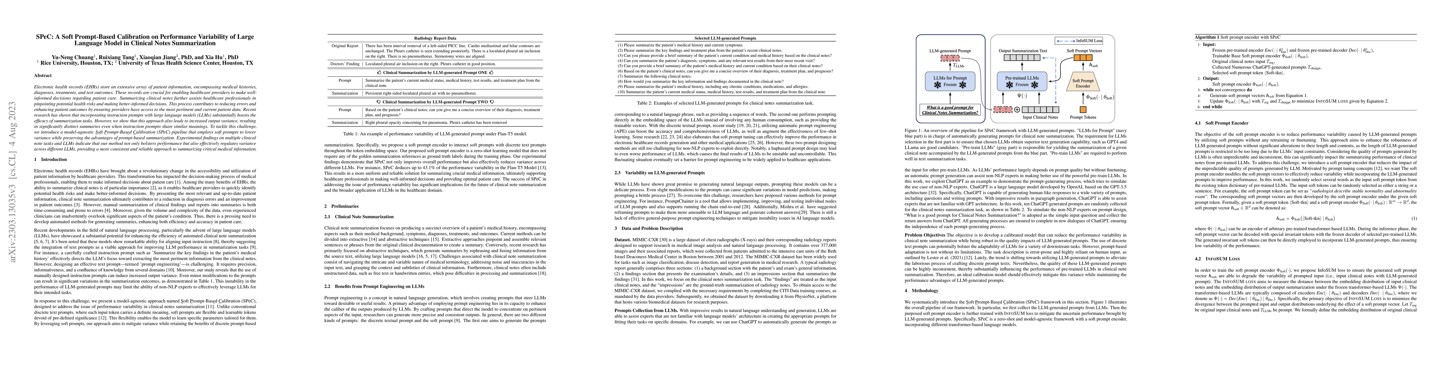 Thumbnail for SPeC: A Soft Prompt-Based Calibration on Performance Variability of
  Large Language Model in Clinical Notes Summarization