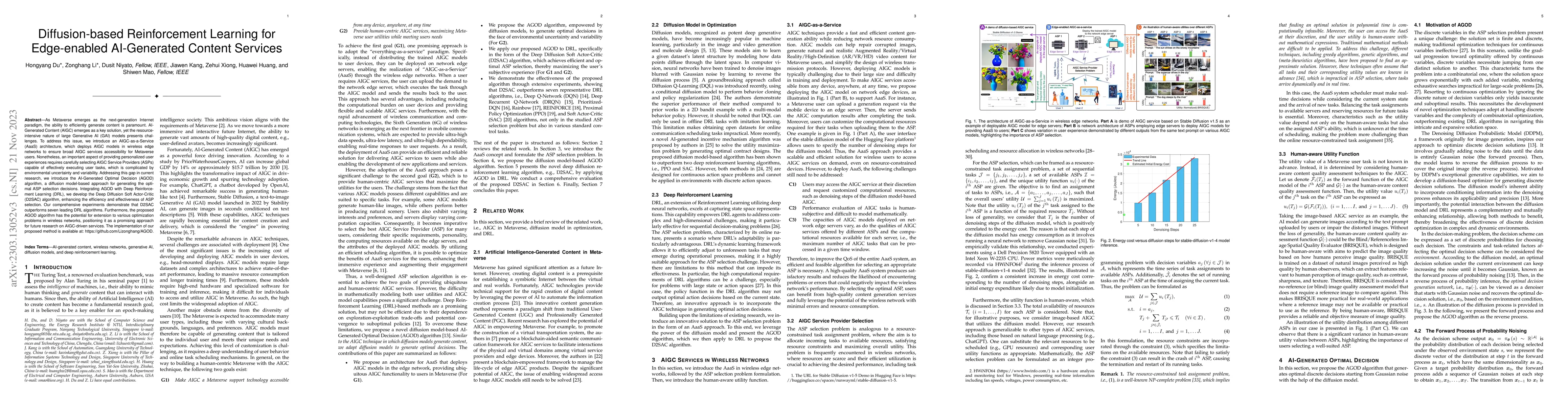 Thumbnail for Diffusion-based Reinforcement Learning for Edge-enabled AI-Generated
  Content Services