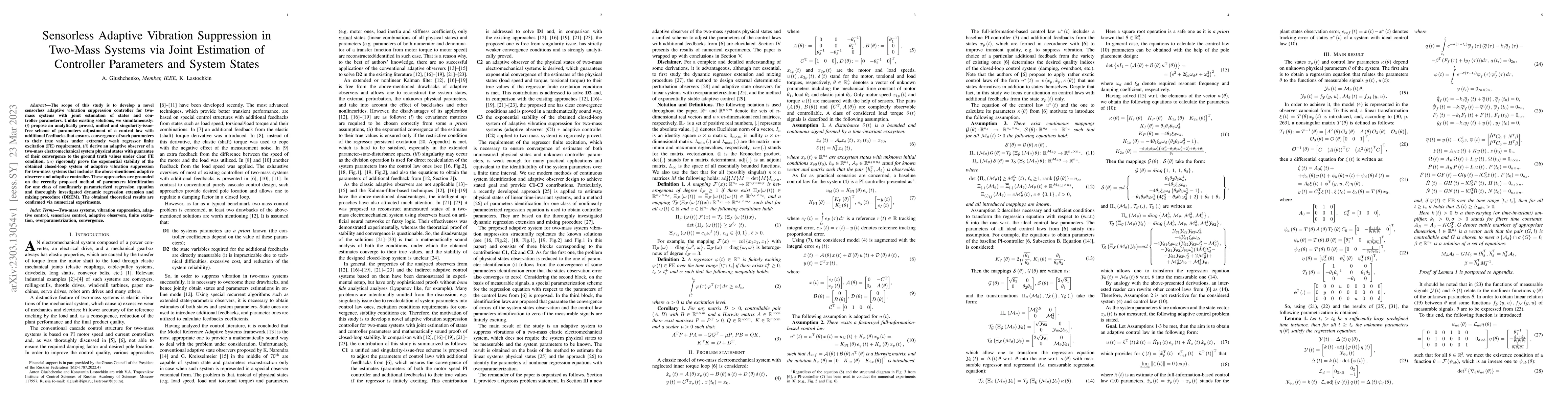 Thumbnail for Sensorless Adaptive Vibration Suppression in Two-Mass Systems via Joint
  Estimation of Controller Parameters and System States