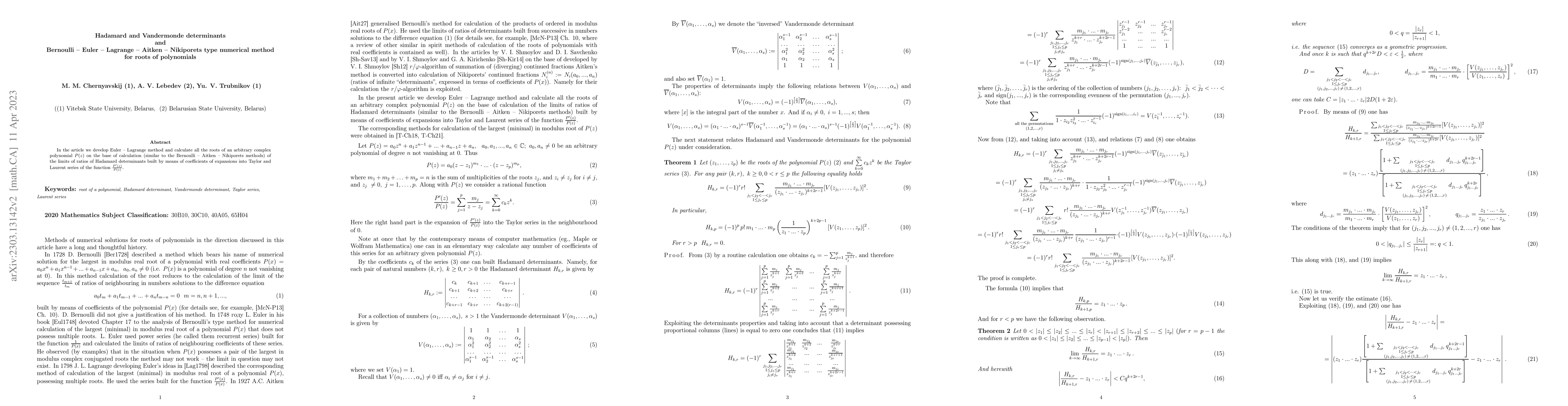 Thumbnail for Hadamard and Vandermonde determinants and
  Bernoulli-Euler-Lagrange-Aitken-Nikiporets type numerical method for roots of
  polynomials