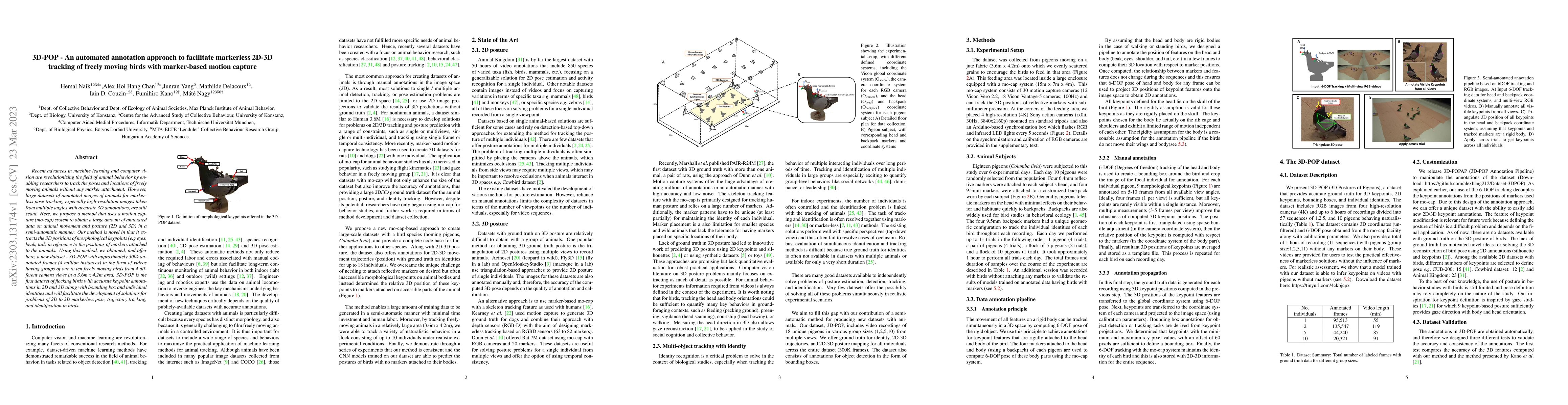 Thumbnail for 3D-POP -- An automated annotation approach to facilitate markerless
  2D-3D tracking of freely moving birds with marker-based motion capture