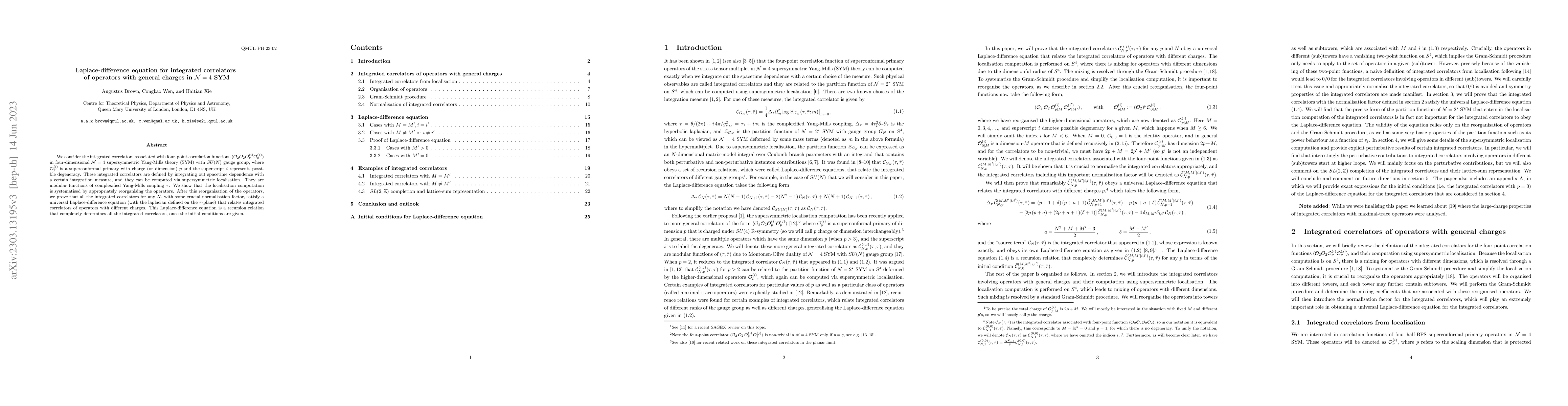 Thumbnail for Laplace-difference equation for integrated correlators of operators with
  general charges in $\mathcal{N}=4$ SYM
