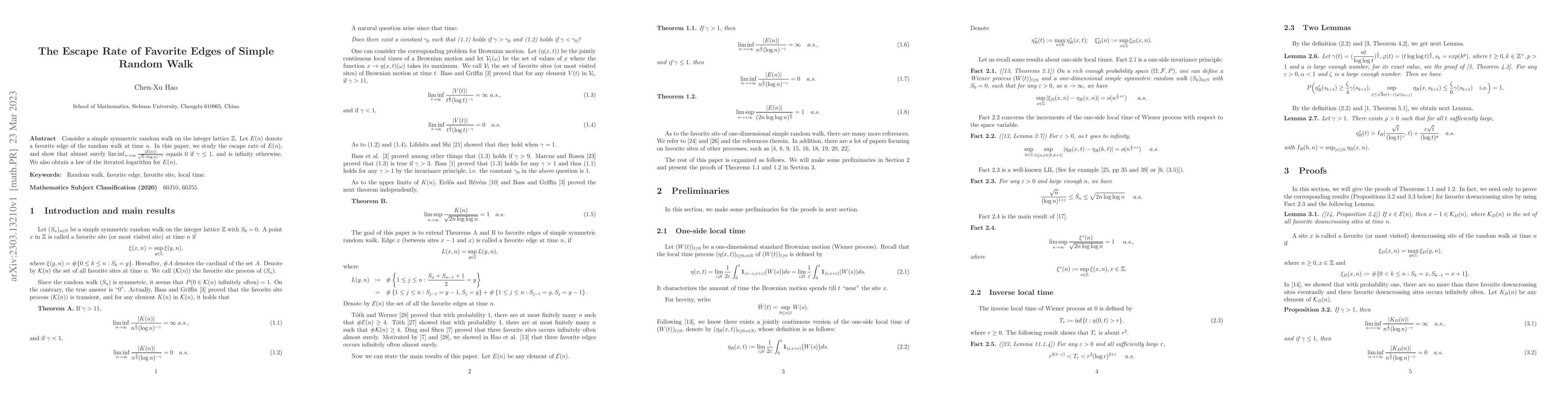Thumbnail for The Escape Rate of Favorite Edges of Simple Random Walk