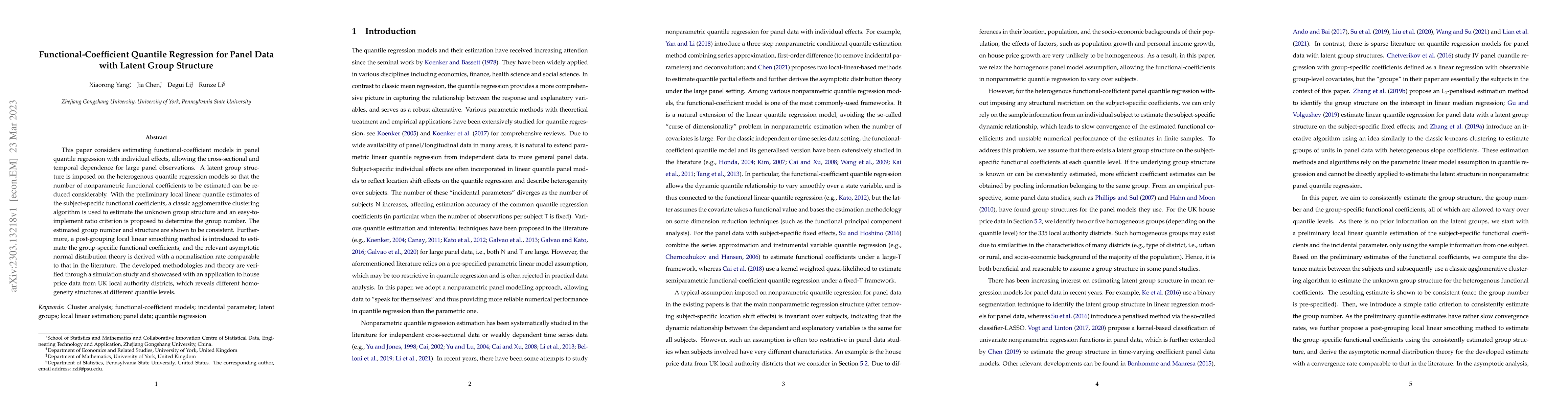 Thumbnail for Functional-Coefficient Quantile Regression for Panel Data with Latent
  Group Structure